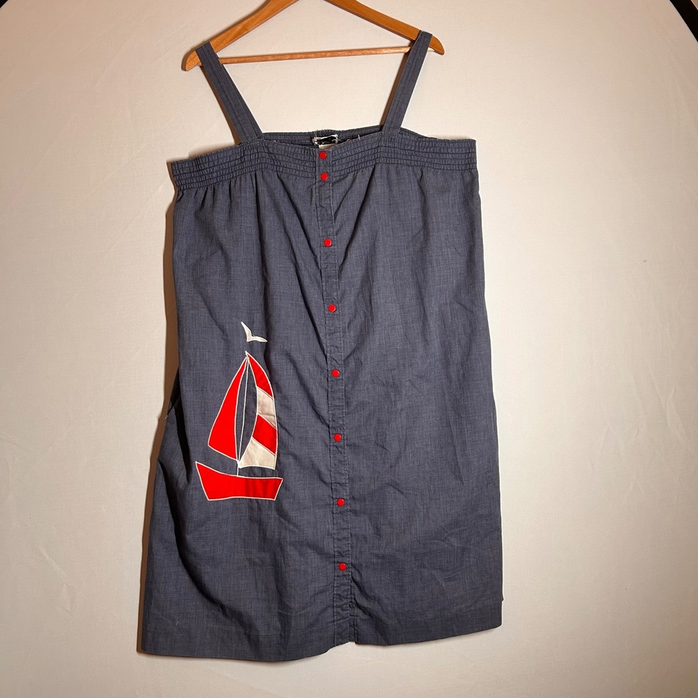 Vintage Models Coat Blue Chambray Sailboat Nautical Sun Dress Red Snaps Pockets